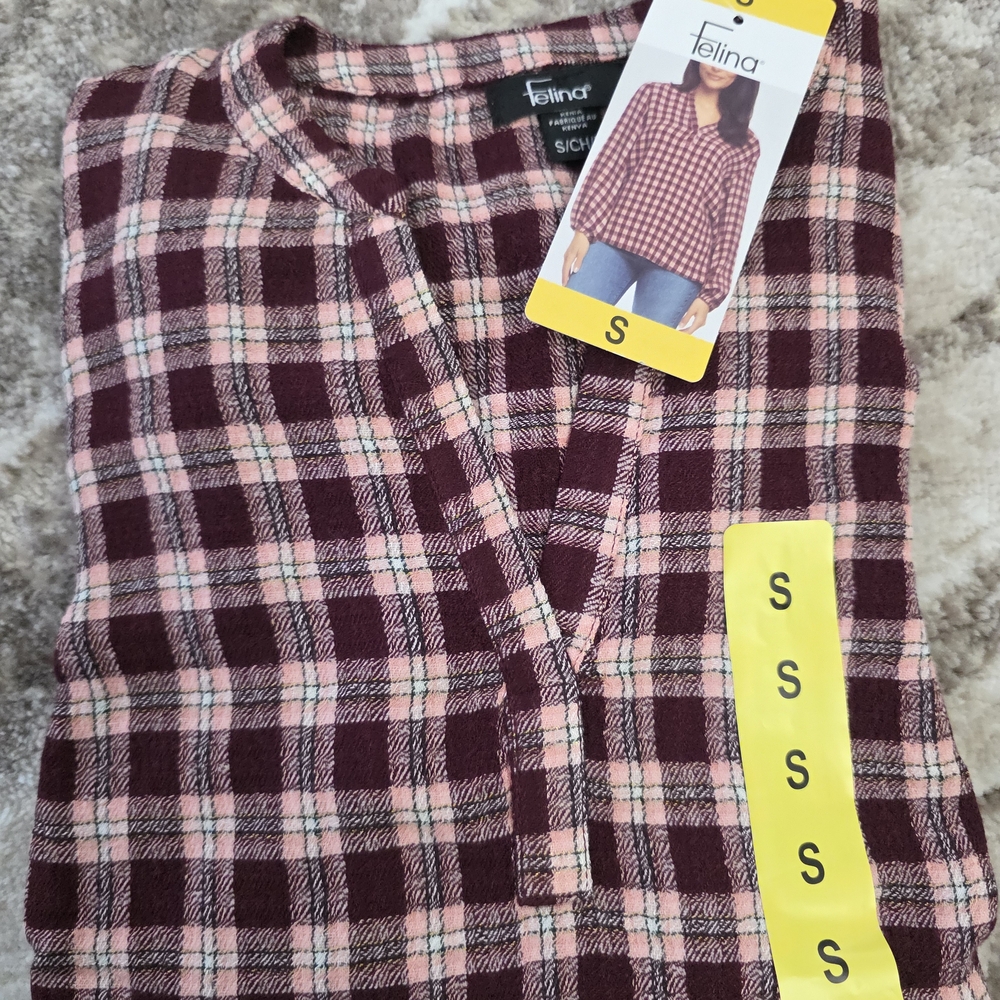 Felina Burgundy and Pink Plaid Shirt